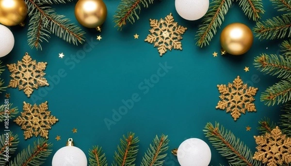 Fototapeta Festive holiday decoration display with christmas ornaments gold and white baubles greenery and snowflakes on teal background cheerful atmosphere aesthetic design