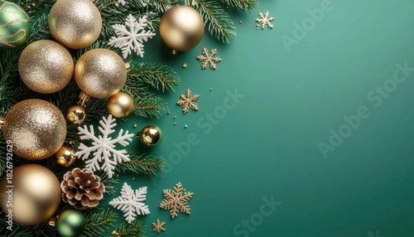 Obraz Festive christmas ornament display on green background holiday decorations visual content cozy environment aesthetic viewpoint celebratory concept for seasonal cheer