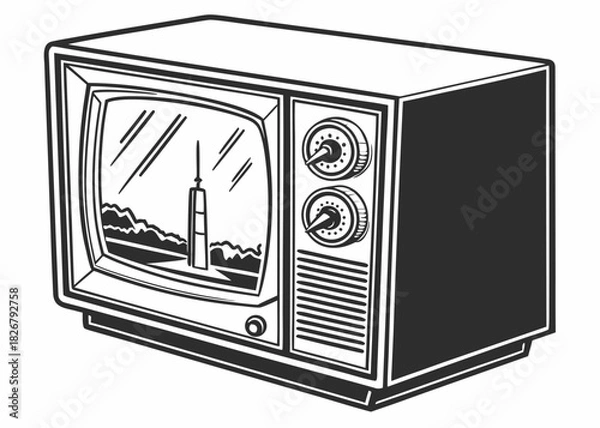 Obraz Retro television displaying cityscape evokes nostalgia, perfect for vintage designs and media projects, reflecting on past technology and cultural icons