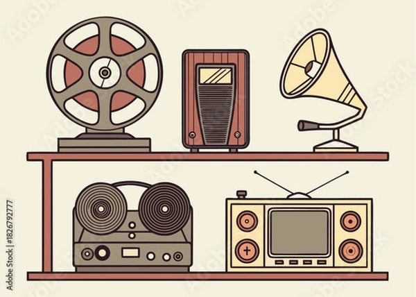 Fototapeta Nostalgic vintage media collection, featuring a retro television, gramophone, tape recorder, and film reel, evoking a sense of classic entertainment history