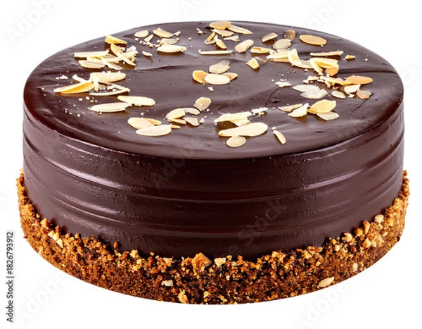 Fototapeta A decadent chocolate cake piece featuring smooth dark frosting, almond flakes on top, high-quality cutout, isolated on transparent background
