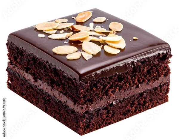 Fototapeta A decadent chocolate cake piece featuring smooth dark frosting, almond flakes on top, high-quality cutout, isolated on transparent background