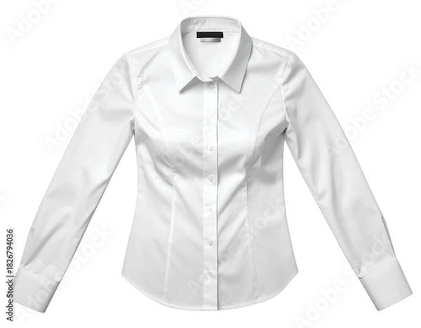 Fototapeta A professional women’s office-style white dress shirt laid flat with visible buttons and tailored seams, clean modern presentation, isolated on a transparent background PNG