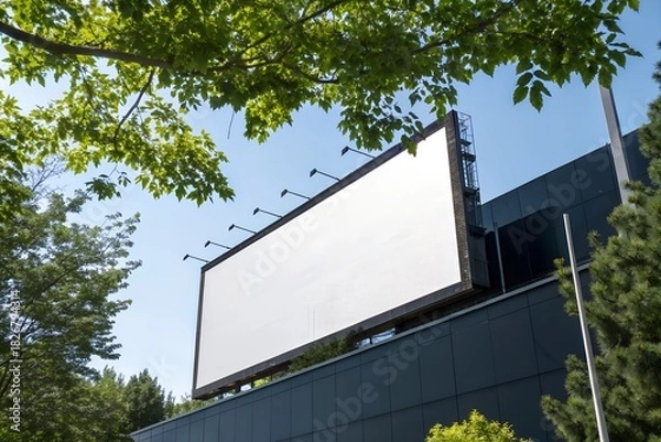 Fototapeta Blank billboard surrounded by trees against a blue sky for advertising