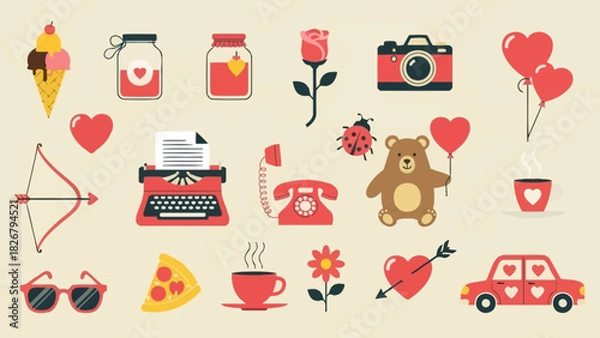 Fototapeta A collection of flat design icons depicting various romantic and Valentine's Day themed items like hearts, flowers, food, gifts, and vintage objects.