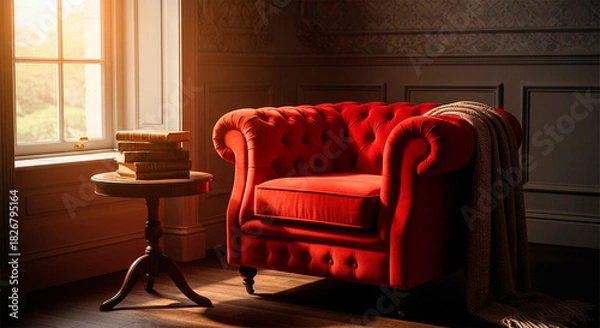 Obraz Red armchair in a cozy living room with books and sunlight