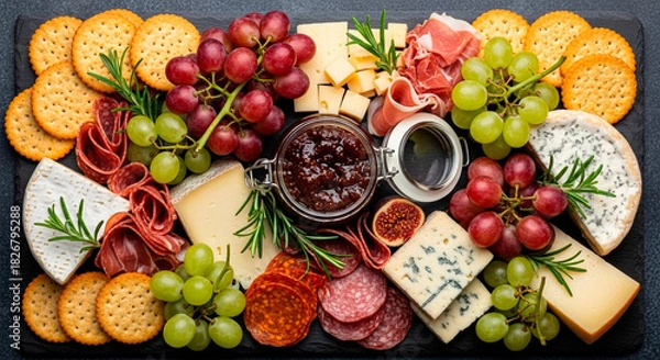 Obraz Gourmet Charcuterie Board with Cheeses, Grapes, Savory Crackers, and Salami