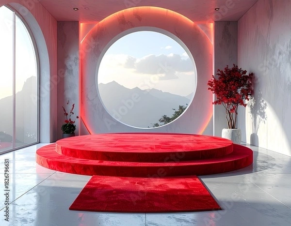 Fototapeta Minimalist Red Carpet on Circular Stage Platform, Modern Award Ceremony Style, Transparent Background