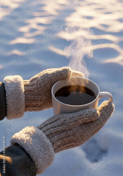 Obraz Warm Winter Moment – Hands in Knit Mittens Holding a Steaming Cup of Coffee on Snowy Morning