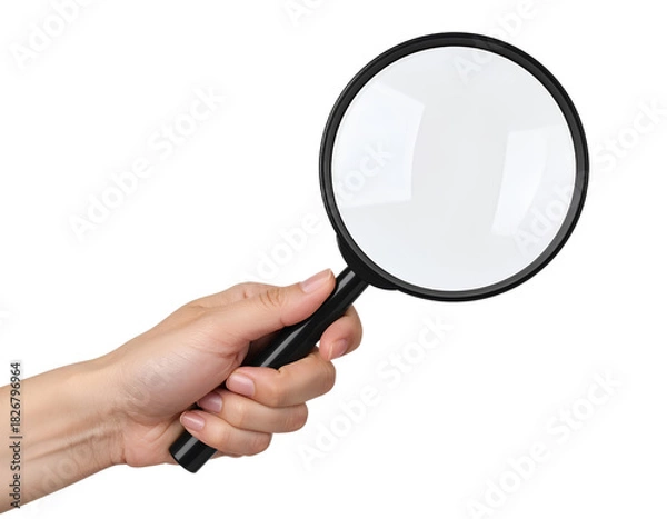 Fototapeta Side Angle Hand Gripping a Modern Black-Frame Magnifying Glass, PNG Transparent.