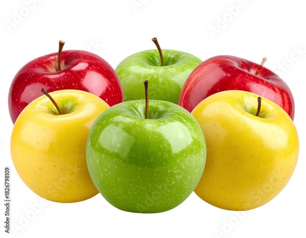 Fototapeta Three Apples in Dynamic Diagonal Layout with Strong Reflections, PNG Isolated.