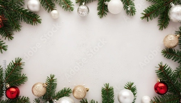 Obraz Festive christmas decorations with ornaments and pine branches holiday setting still life bright background close-up view celebratory spirit