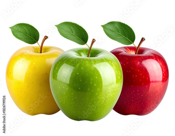 Fototapeta Vibrant Trio of Red, Green, and Yellow Apples in Clean Row, Perfectly Centered Composition, PNG Isolated.