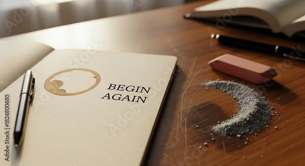 Obraz Open notebook with coffee stain and 'Begin Again' text on a wooden desk.