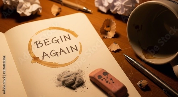Fototapeta Begin Again, Notebook w/Coffee Stain, Eraser & Crumpled Paper on Desk
