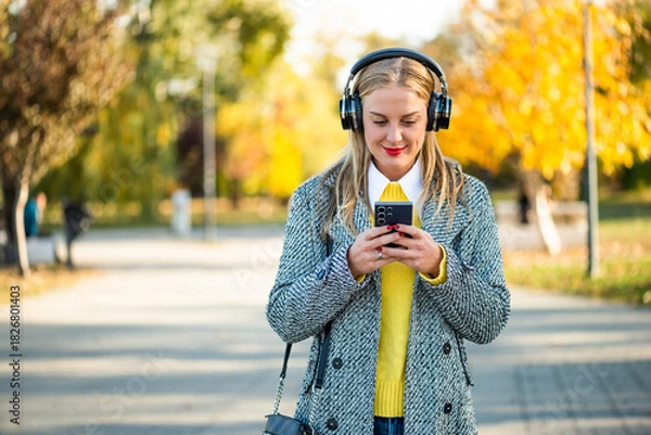 Fototapeta Stylish businesswoman in warm coat using wireless headphones and smartphone while standing in the city park during sunny autumn day.