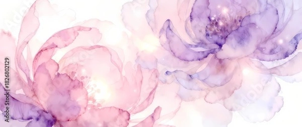 Obraz ピンクと紫の花の水彩画風イラスト、パステルカラーの花柄壁紙