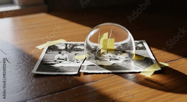 Obraz Old Photos Under Glass Dome on Wooden Table in Warm Sunlight