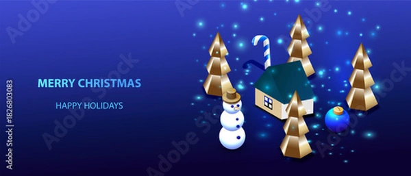 Obraz Christmas house with snowman and trees isometric banner. Technology xmas design with candy cane and ball. Vector illustration for holiday.