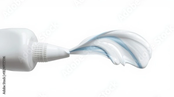 Obraz Close-up of fresh blue and white striped toothpaste squeezing from a tube. Dental hygiene, whitening and mint flavor concept isolated on white.