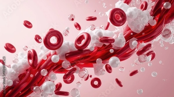 Fototapeta Surreal 3D illustration of glossy red blood cells mixing with creamy liquid and bubbles. Concept of cellular regeneration, skincare or PRP therapy.