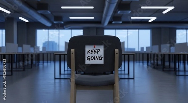 Fototapeta Empty office chair with motivational "Keep Going" note in the workplace