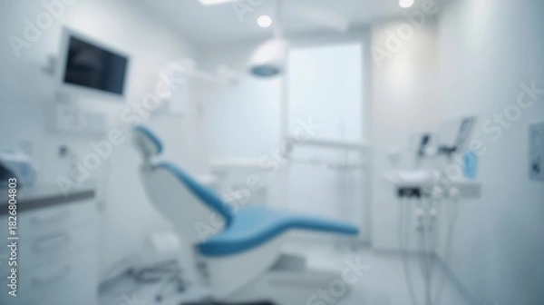 Obraz Abstract blurred background of a modern dental clinic office. Defocused medical interior with chair for presentation or website header.