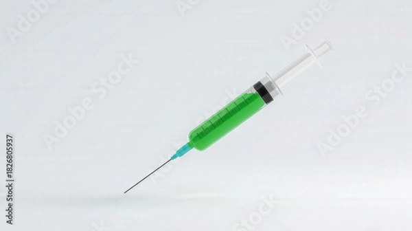 Obraz 3D render of a medical syringe with a needle containing bright green serum or vaccine. Concept of antidote, vitamin injection or virology isolated on white.