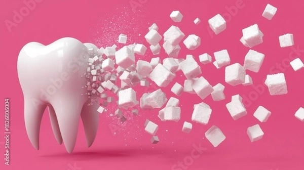 Obraz Creative 3D illustration of a white tooth turning into a cloud of sugar cubes. Metaphor for tooth decay, cavities and sugar addiction on pink background.