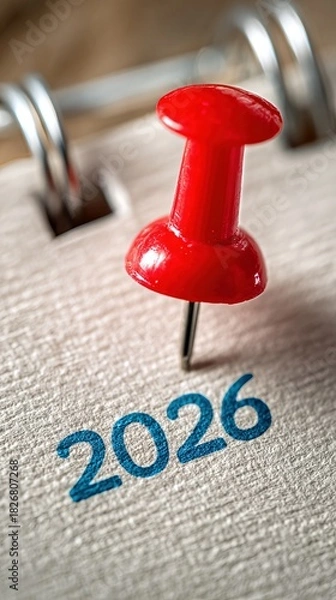 Obraz Red Push Pin on Calendar Marking Year 2026 for Planning and Organization Purposes