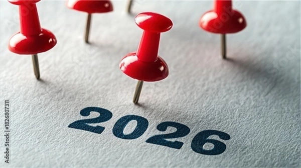 Obraz Red Push Pins Highlighting the Year 2026 on a Textured Paper Background