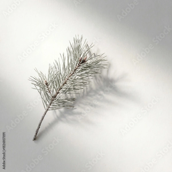 Obraz Frosted pine branch on white surface with soft shadow