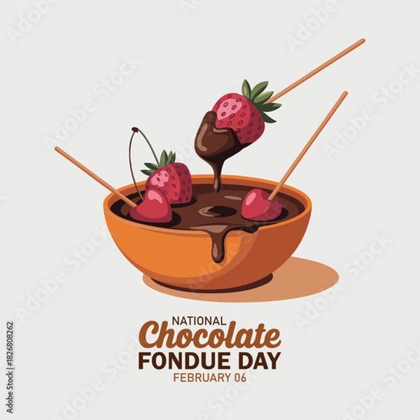 Fototapeta National Chocolate Fondue Day to celebrate on February 5th. One bowl contains liquid chocolate, strawberries and cherries on white background. Food event banner.