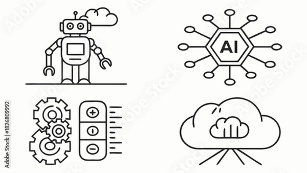 Fototapeta Set of AI, Robotics, Cloud Computing, and Data Technology Line Icons