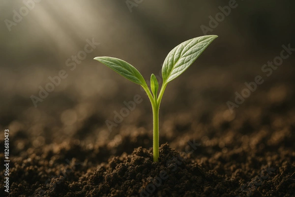 Obraz young plant sprouting from soil with sunlight shining down on it