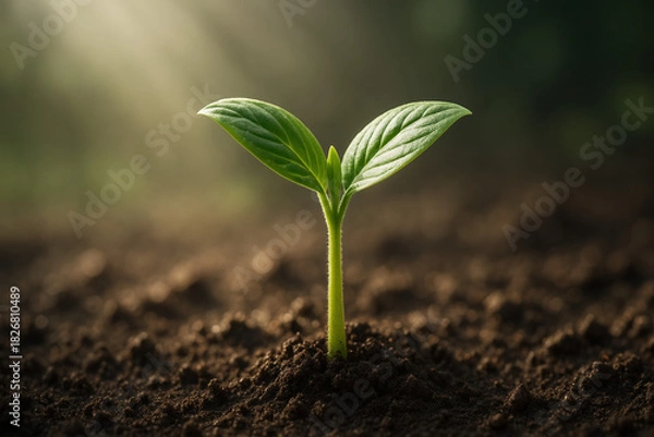 Obraz A young plant growing in soil, symbolizing growth, nature, and new beginnings