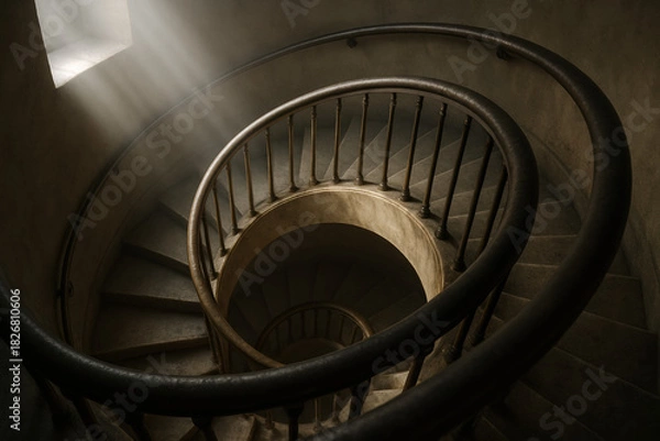 Obraz Dramatic spiral staircase with light streaming through a window, top-down view