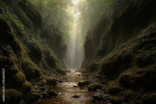 Obraz Sunlight streams through a lush forest canyon with a flowing river