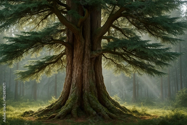 Obraz Majestic old-growth cedar tree in a sunlit forest with mossy roots