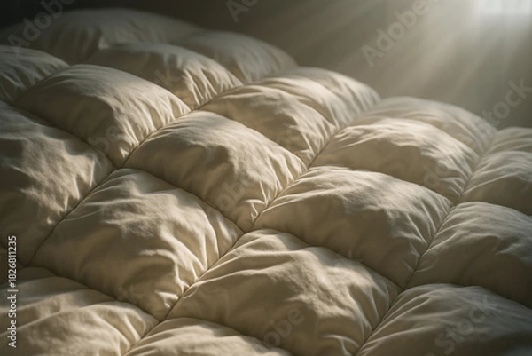 Obraz Close-up of a soft, quilted comforter with sunlight streaming across it