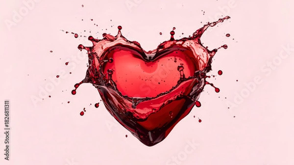 Fototapeta Creative high-speed splash of red liquid (wine, juice or blood) forming a heart symbol. Concept of love, vitality, Valentine's Day or cardiology on pastel background.