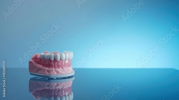 Obraz Anatomically correct 3D illustration of human jaw with healthy white teeth and pink gums. Dental hygiene, orthodontics or prosthesis concept.