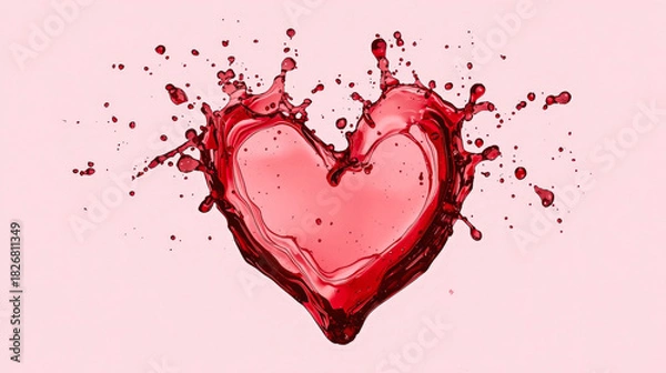 Fototapeta Creative high-speed splash of red liquid (wine, juice or blood) forming a heart symbol. Concept of love, vitality, Valentine's Day or cardiology on pastel background.