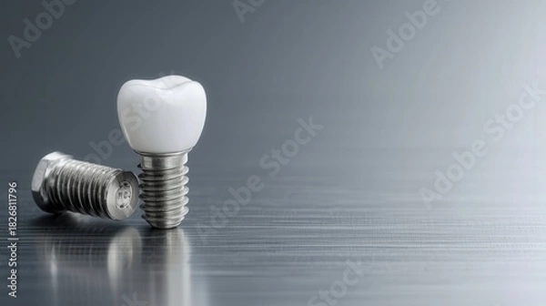 Fototapeta Macro shot of dental implant with white crown standing on grey surface. Concept of prosthodontics, oral surgery and biomechanics with copy space.