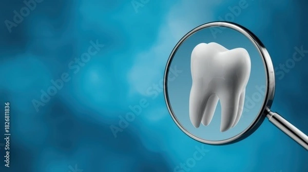 Fototapeta 3D illustration of a white tooth seen through a magnifying glass. Concept of dental checkup, diagnosis or searching for a dentist.