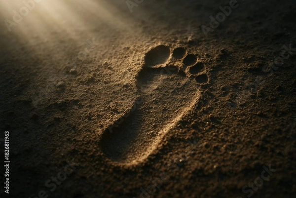 Obraz footprint in sand with sunlight, a symbol of journey and travel