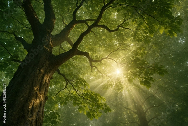 Obraz Sunlight streams through the leaves of a tall tree in a forest