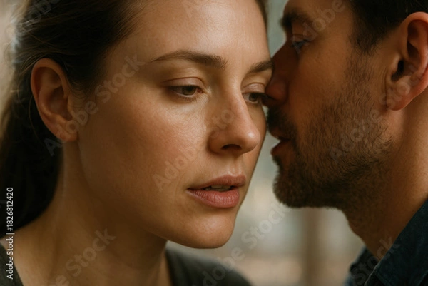 Fototapeta Intimate moment between a couple whispering secrets close together