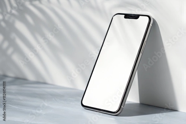 Fototapeta Smartphone mockup leaning against wall with palm leaf shadows and white screen