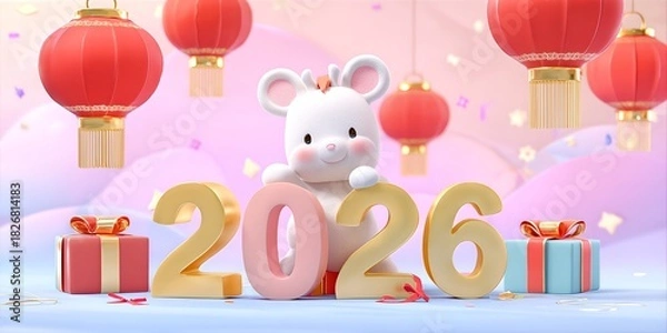 Obraz Cute 3D Mouse Character Celebrating New Year with Colorful Lanterns and Festive Decorations